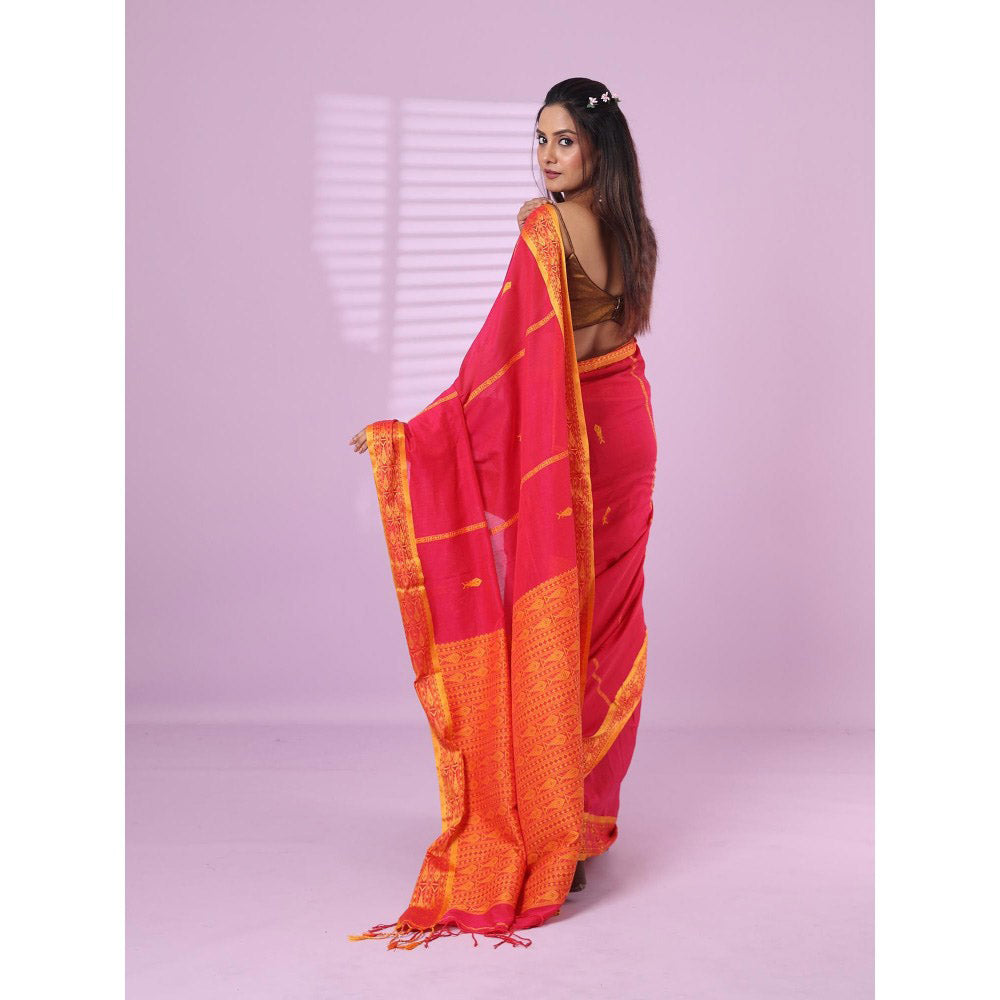 CHARUKRITI Pink Cotton Handspun Soft Saree Woven Fish Pattern with Unstitched Blouse