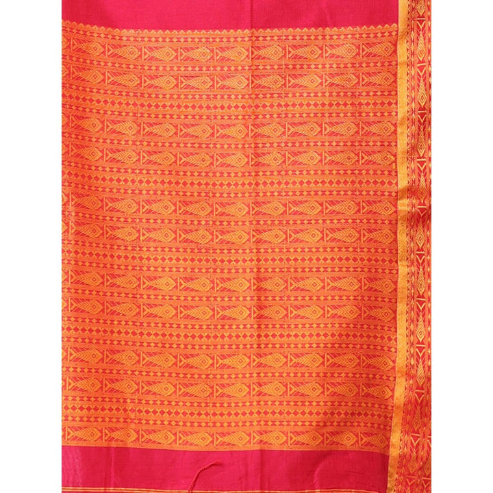 CHARUKRITI Pink Cotton Handspun Soft Saree Woven Fish Pattern with Unstitched Blouse