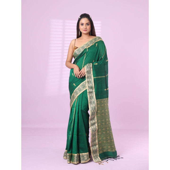 CHARUKRITI Green Cotton Handspun Soft Saree Woven Fish Pattern with Unstitched Blouse