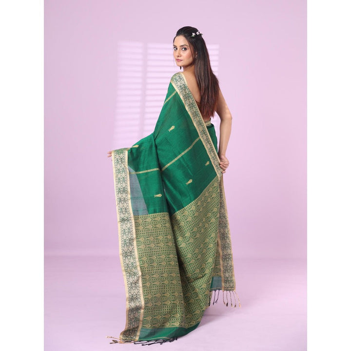 CHARUKRITI Green Cotton Handspun Soft Saree Woven Fish Pattern with Unstitched Blouse