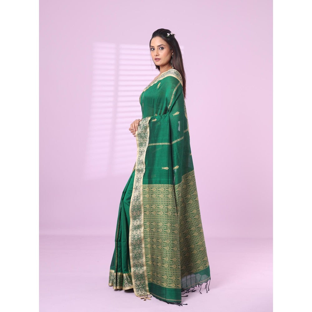 CHARUKRITI Green Cotton Handspun Soft Saree Woven Fish Pattern with Unstitched Blouse