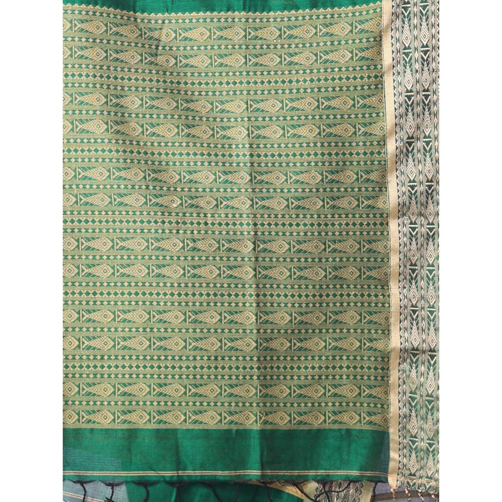 CHARUKRITI Green Cotton Handspun Soft Saree Woven Fish Pattern with Unstitched Blouse