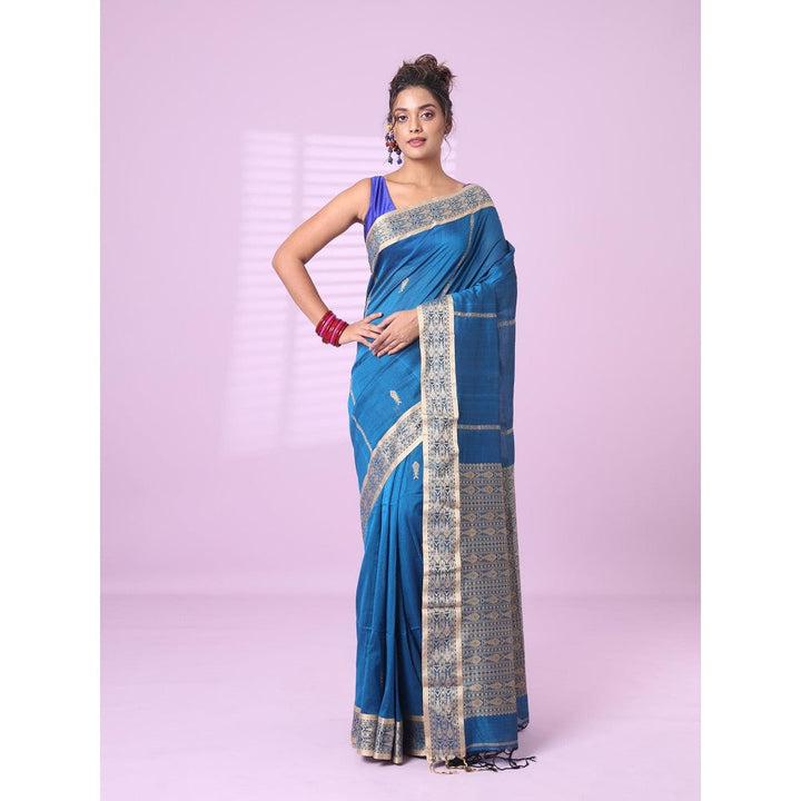 CHARUKRITI Sapphire Blue Cotton Handspun Soft Saree Woven Fish Pattern with Unstitched Blouse