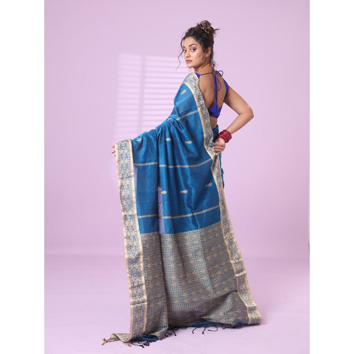 CHARUKRITI Sapphire Blue Cotton Handspun Soft Saree Woven Fish Pattern with Unstitched Blouse