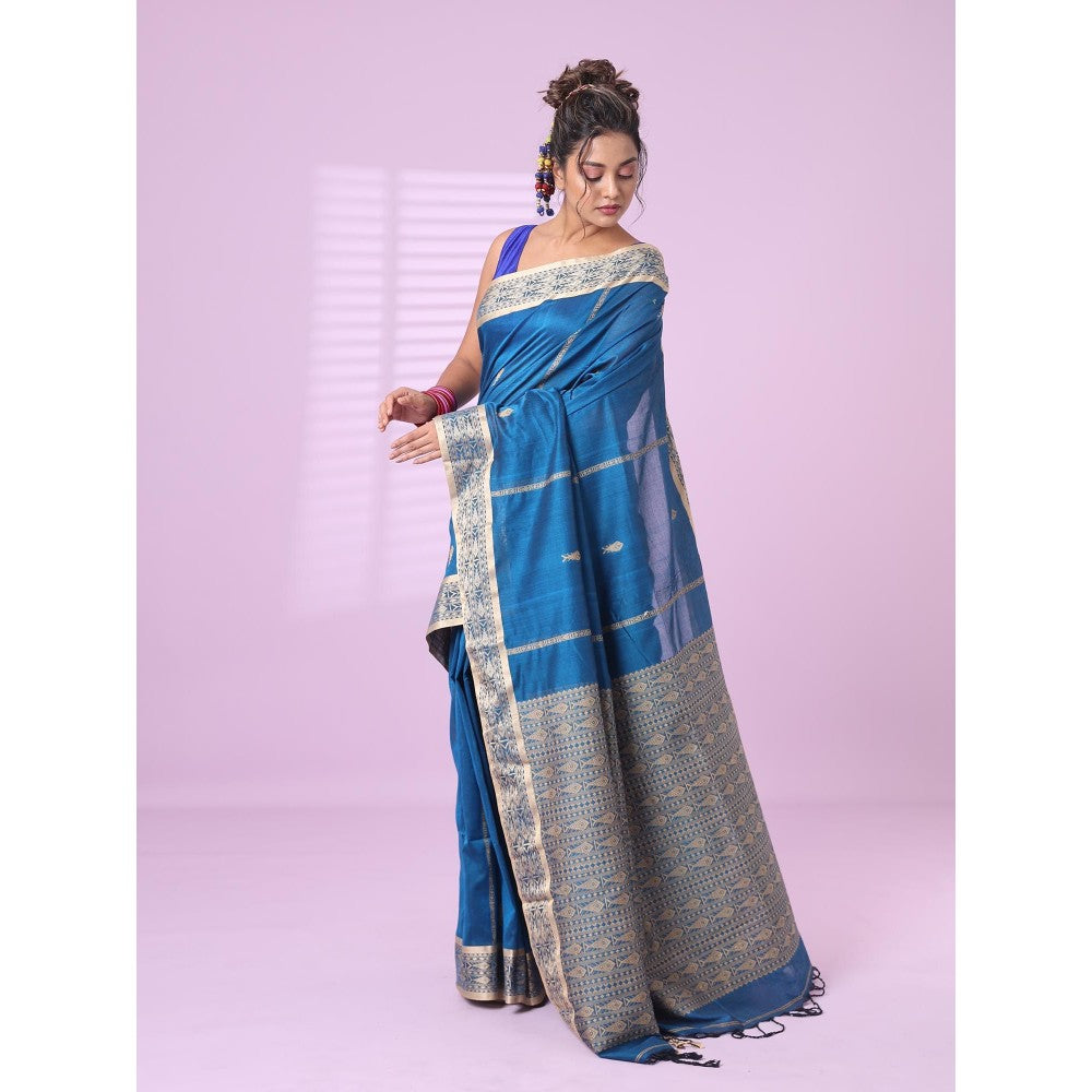 CHARUKRITI Sapphire Blue Cotton Handspun Soft Saree Woven Fish Pattern with Unstitched Blouse