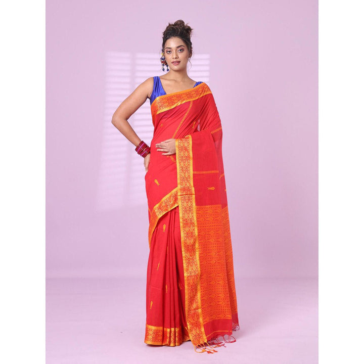 CHARUKRITI Red Cotton Handspun Soft Saree Woven Fish Pattern with Unstitched Blouse