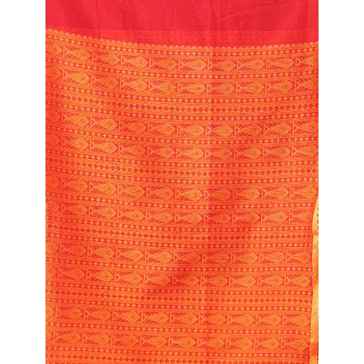 CHARUKRITI Red Cotton Handspun Soft Saree Woven Fish Pattern with Unstitched Blouse