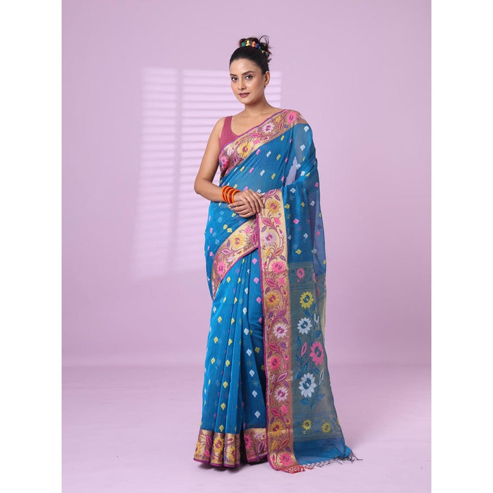 CHARUKRITI Sky Blue Texture Motifs Cotton Silk Saree Floral Border with Unstitched Blouse