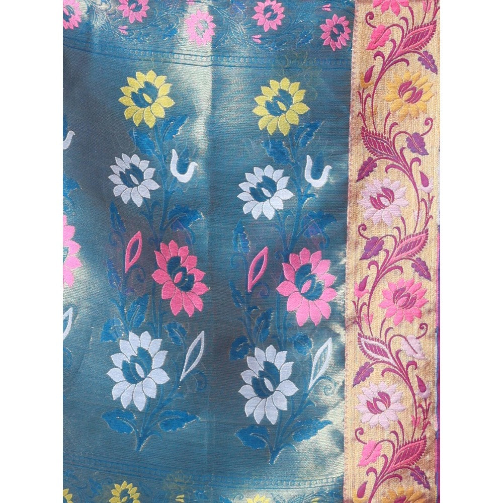 CHARUKRITI Sky Blue Texture Motifs Cotton Silk Saree Floral Border with Unstitched Blouse