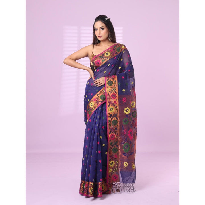 CHARUKRITI Violet Texture Motifs Cotton Silk Saree Floral Border with Unstitched Blouse