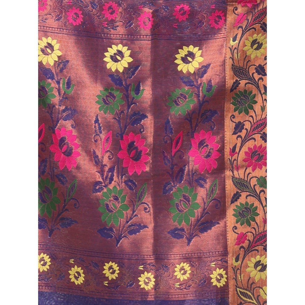 CHARUKRITI Violet Texture Motifs Cotton Silk Saree Floral Border with Unstitched Blouse