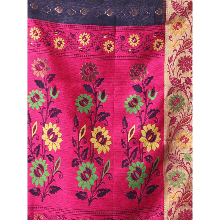 CHARUKRITI Navy Blue Texture Motifs Cotton Silk Saree Floral Border with Unstitched Blouse