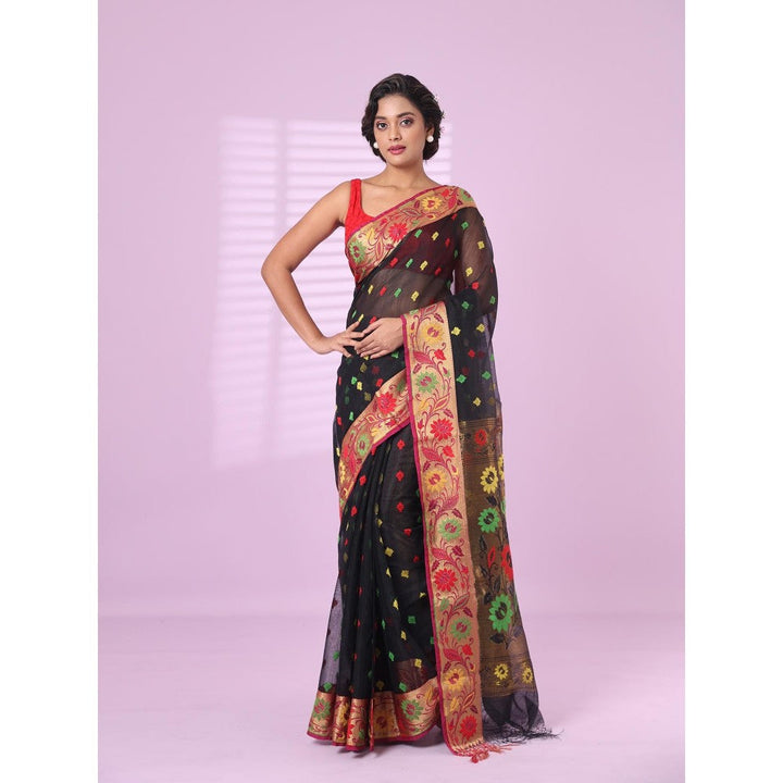 CHARUKRITI Black Texture Motifs Cotton Silk Saree Floral Border with Unstitched Blouse