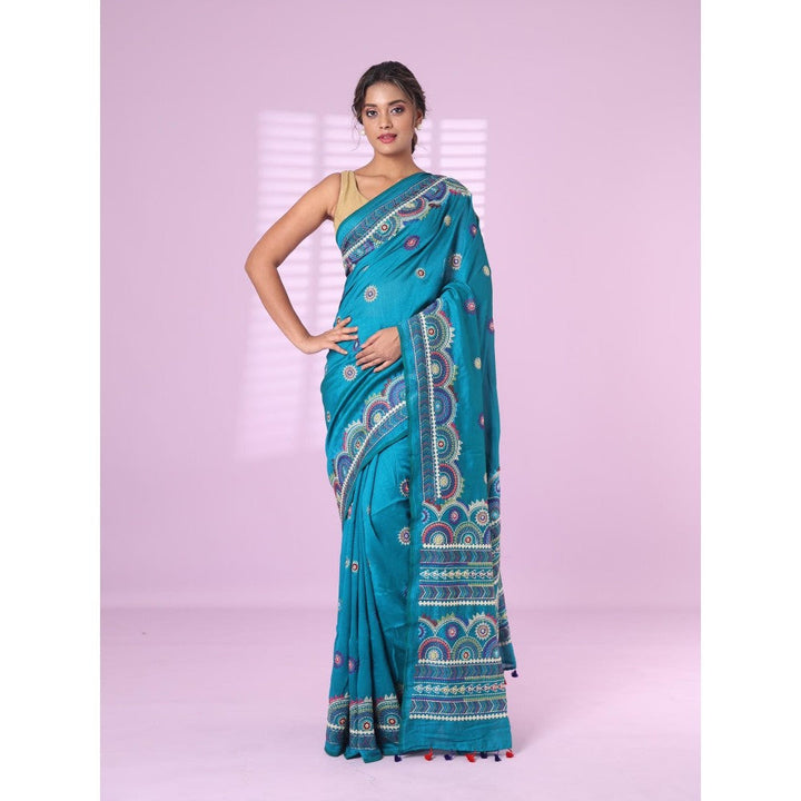 CHARUKRITI Cobalt Blue Chiffon Georgette Soft Saree Thread Embroidered with Unstitched Blouse