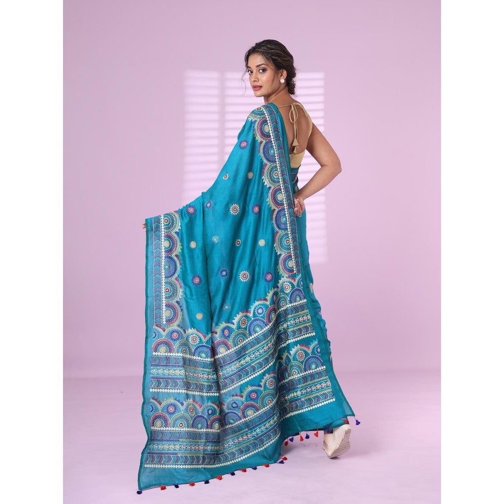 CHARUKRITI Cobalt Blue Chiffon Georgette Soft Saree Thread Embroidered with Unstitched Blouse