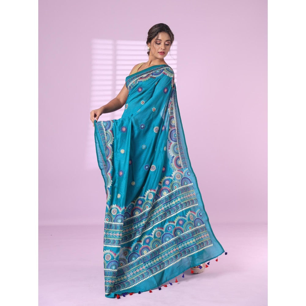 CHARUKRITI Cobalt Blue Chiffon Georgette Soft Saree Thread Embroidered with Unstitched Blouse