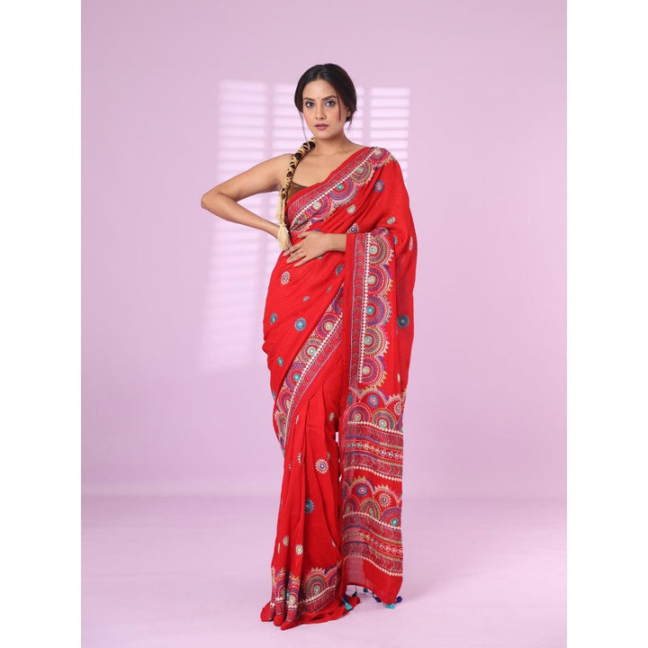 CHARUKRITI Red Chiffon Georgette Soft Saree Thread Embroidered Work with Unstitched Blouse