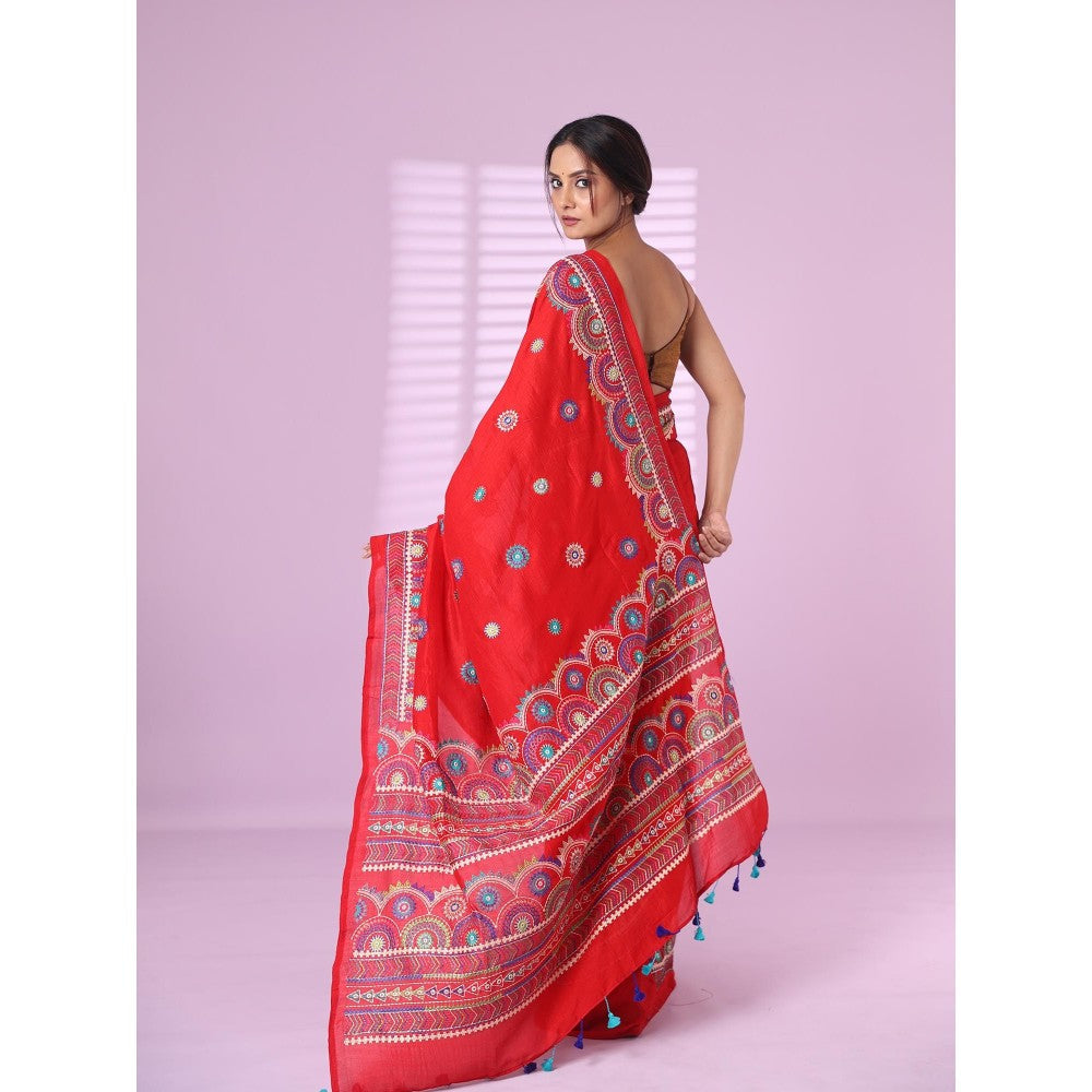 CHARUKRITI Red Chiffon Georgette Soft Saree Thread Embroidered Work with Unstitched Blouse