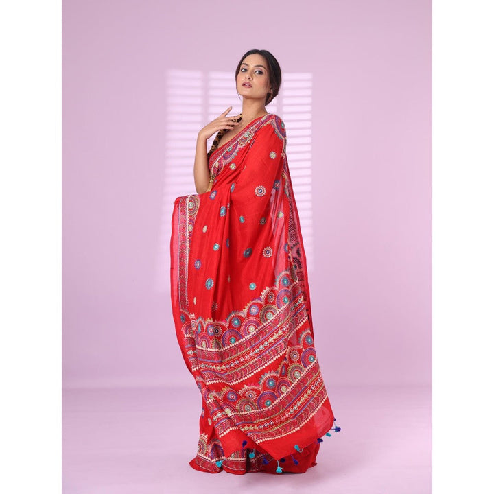 CHARUKRITI Red Chiffon Georgette Soft Saree Thread Embroidered Work with Unstitched Blouse