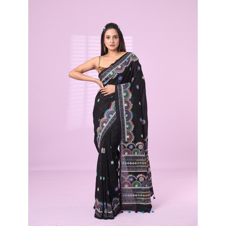 CHARUKRITI Black Chiffon Georgette Soft Saree Thread Embroidered Work with Unstitched Blouse