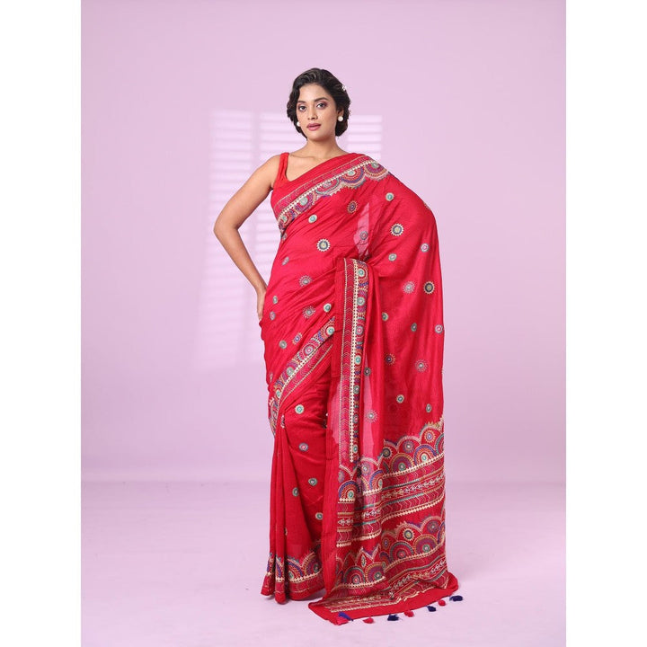 CHARUKRITI Magenta Chiffon Georgette Soft Saree Thread Embroidered Work with Unstitched Blouse