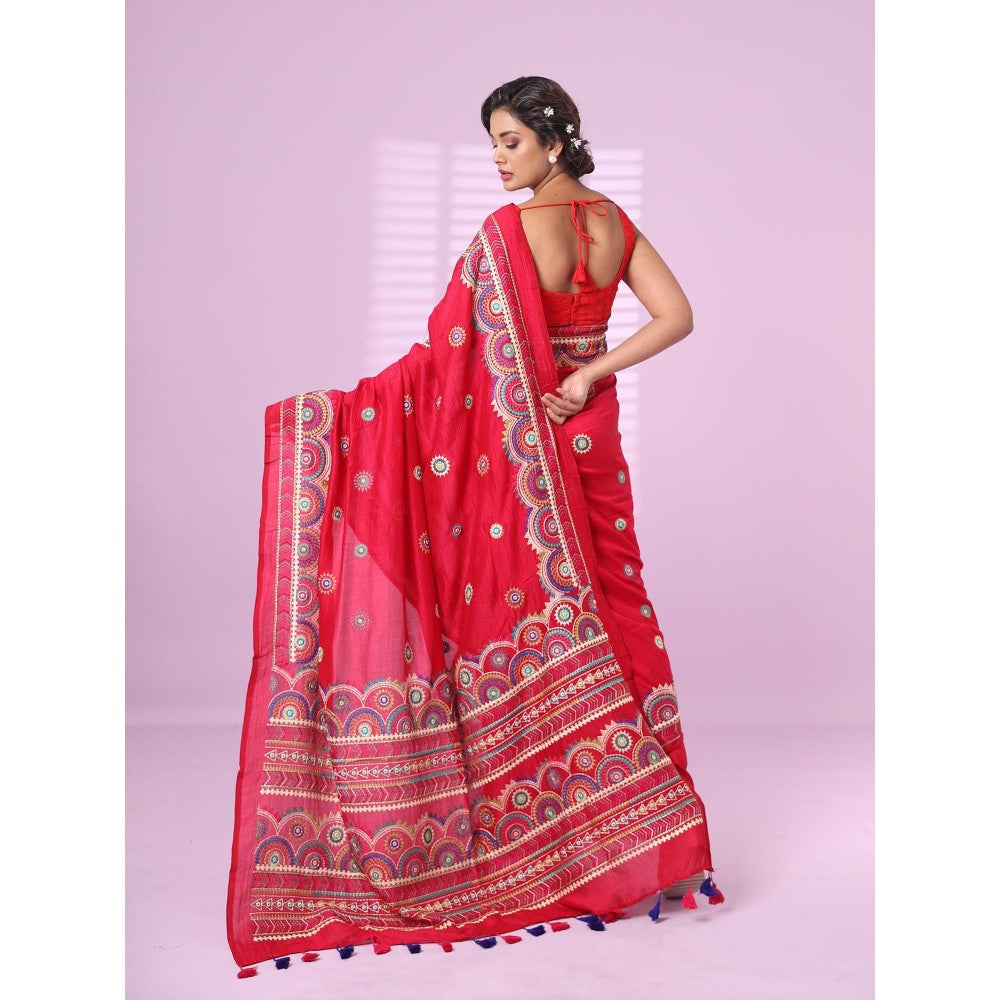 CHARUKRITI Magenta Chiffon Georgette Soft Saree Thread Embroidered Work with Unstitched Blouse