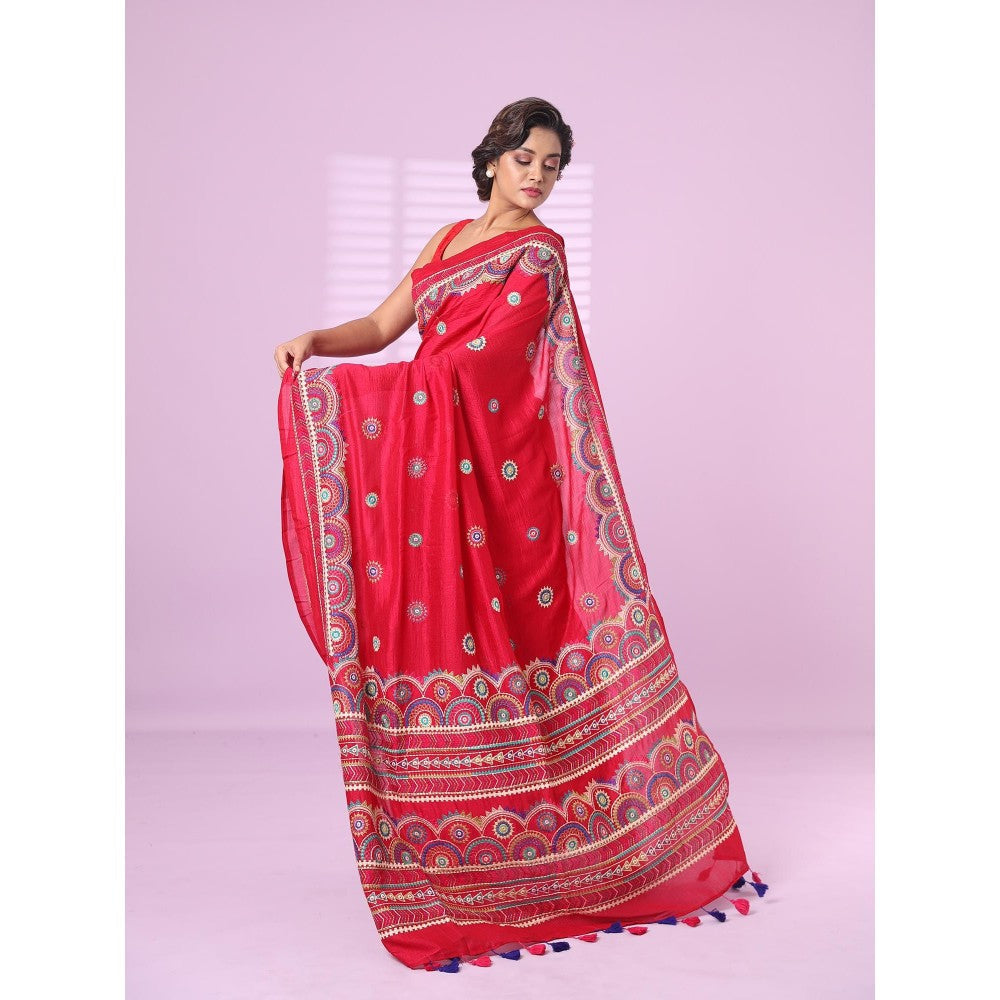 CHARUKRITI Magenta Chiffon Georgette Soft Saree Thread Embroidered Work with Unstitched Blouse