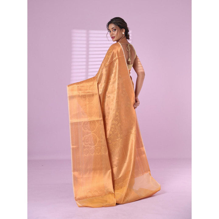 CHARUKRITI All Over Zari Weaving Beige Brocade Silk Soft Saree with Unstitched Blouse