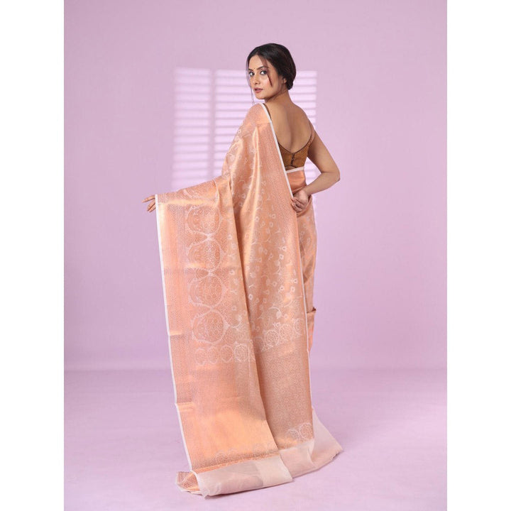 CHARUKRITI All Over Zari Weaving Off White Brocade Silk Soft Saree with Unstitched Blouse