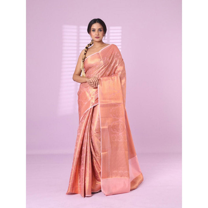 CHARUKRITI All Over Zari Weaving Pink Brocade Silk Soft Saree with Unstitched Blouse