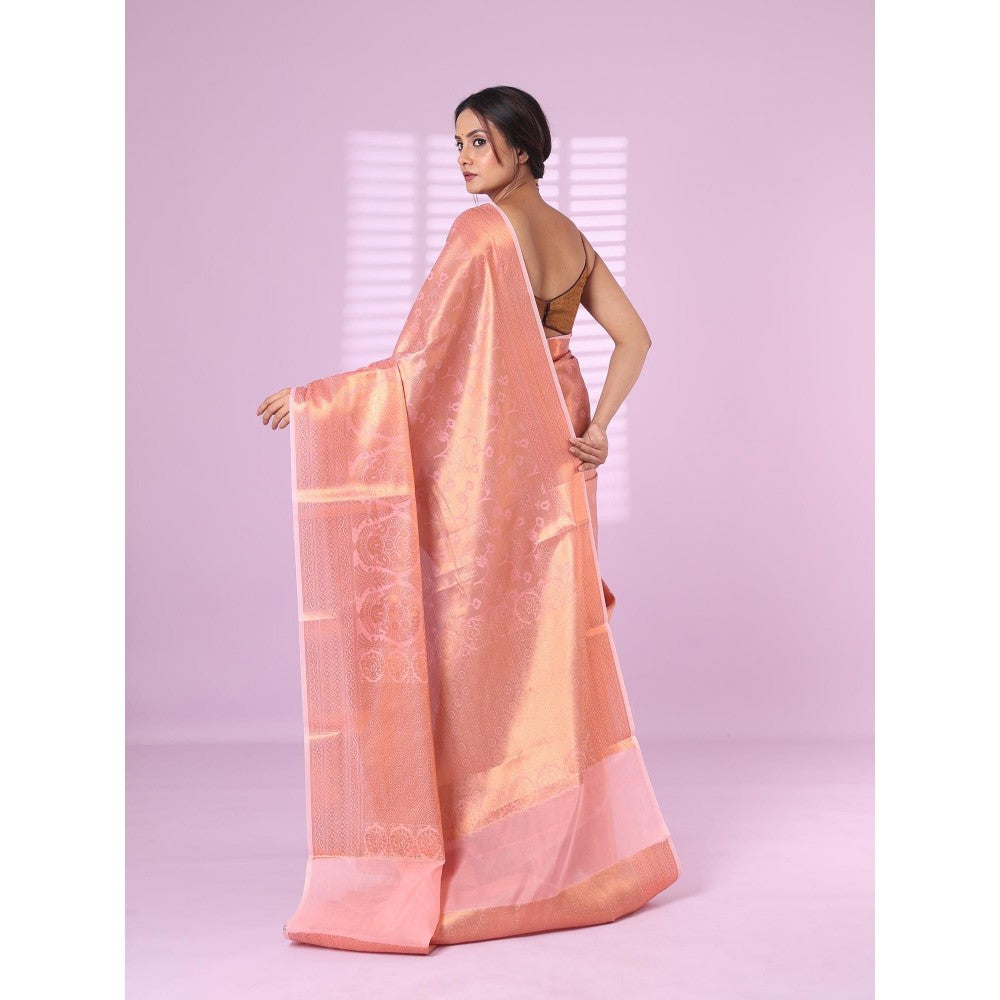 CHARUKRITI All Over Zari Weaving Pink Brocade Silk Soft Saree with Unstitched Blouse