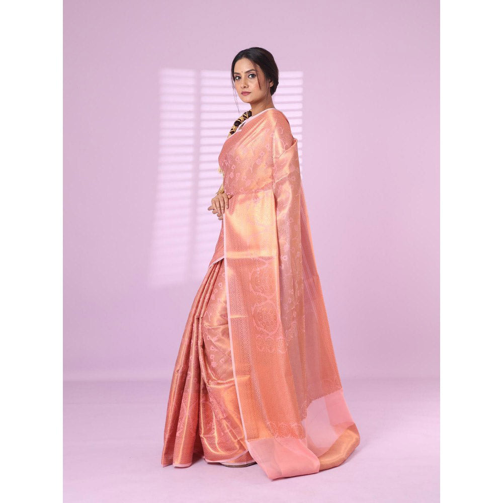 CHARUKRITI All Over Zari Weaving Pink Brocade Silk Soft Saree with Unstitched Blouse