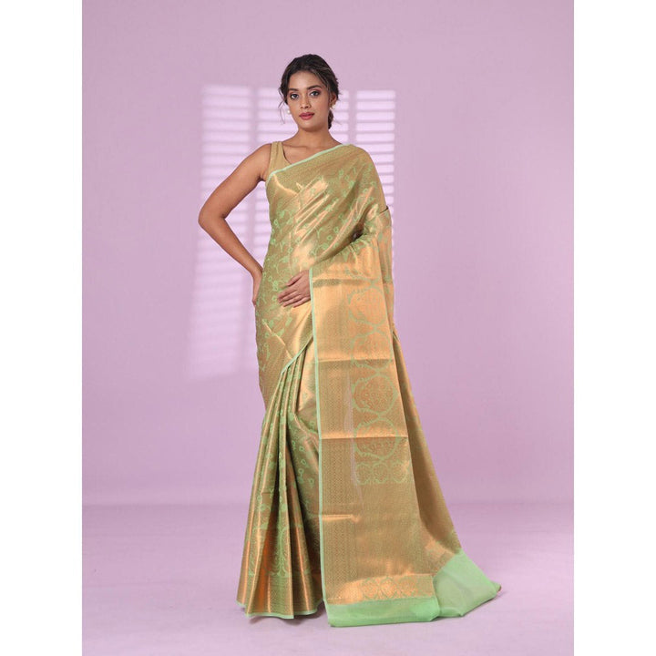 CHARUKRITI All Over Zari Weaving Light Green Brocade Silk Soft Saree with Unstitched Blouse