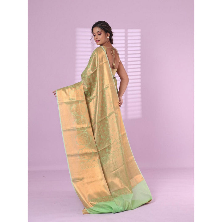 CHARUKRITI All Over Zari Weaving Light Green Brocade Silk Soft Saree with Unstitched Blouse