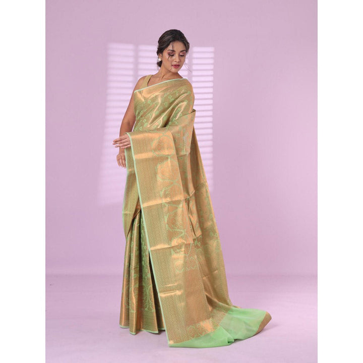 CHARUKRITI All Over Zari Weaving Light Green Brocade Silk Soft Saree with Unstitched Blouse