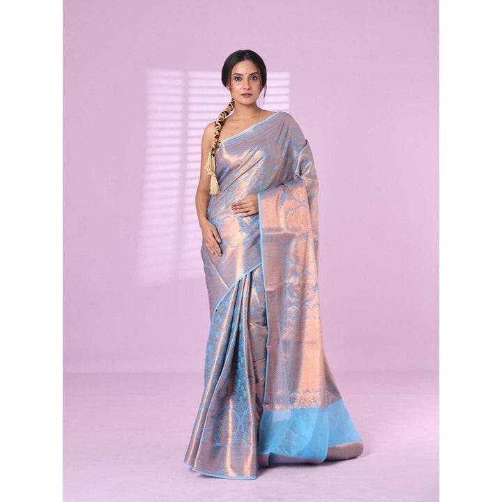 CHARUKRITI All Over Zari Weaving Sky Blue Brocade Silk Soft Saree with Unstitched Blouse