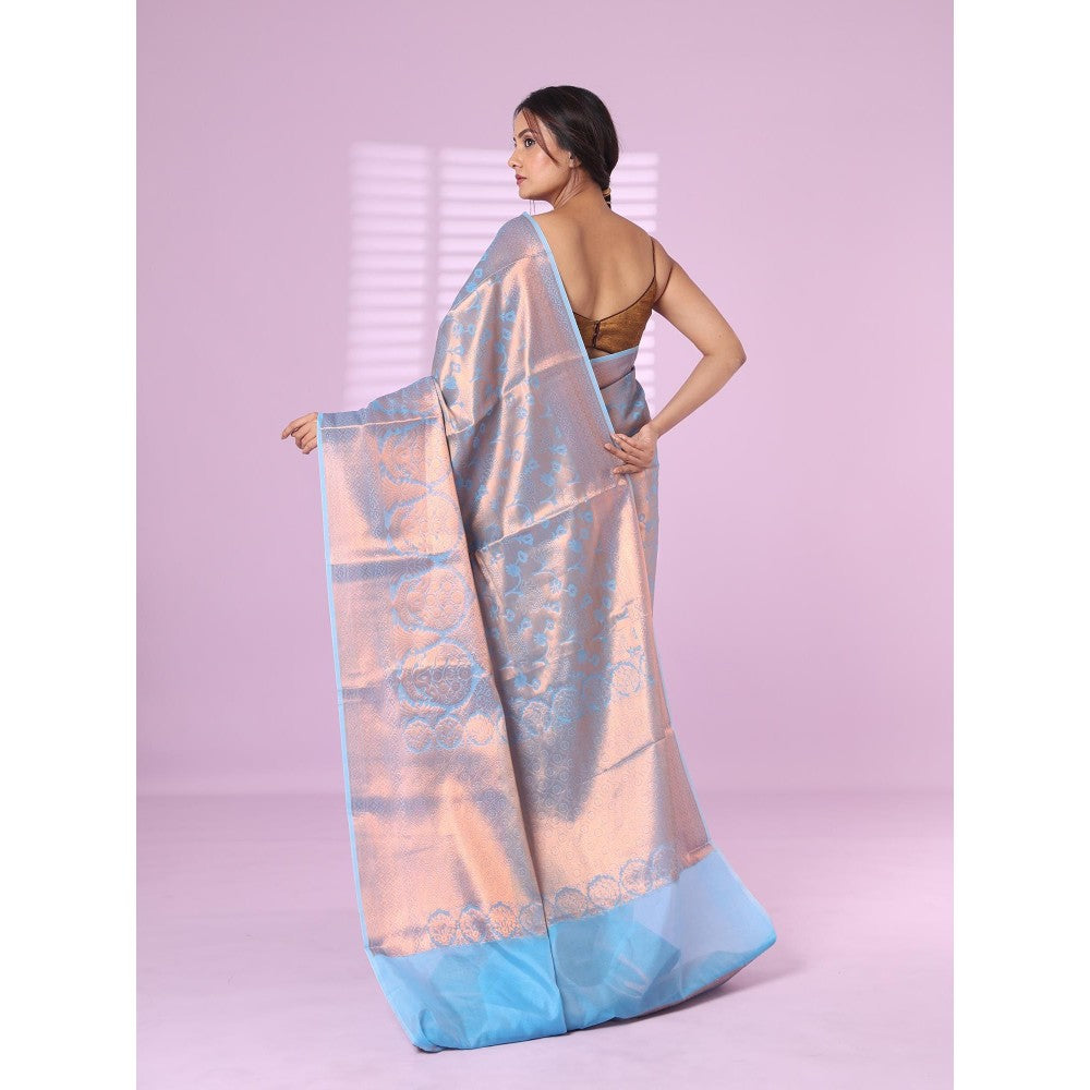 CHARUKRITI All Over Zari Weaving Sky Blue Brocade Silk Soft Saree with Unstitched Blouse