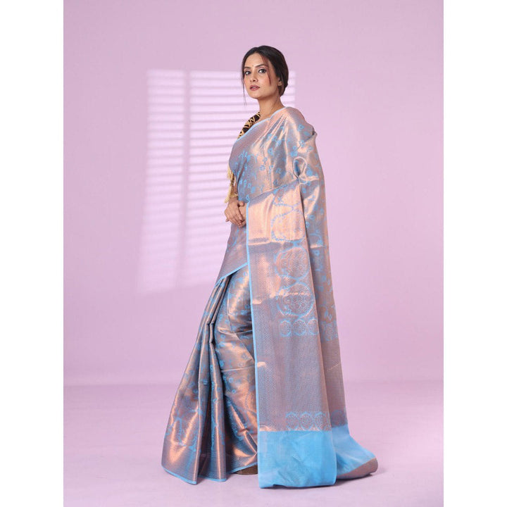 CHARUKRITI All Over Zari Weaving Sky Blue Brocade Silk Soft Saree with Unstitched Blouse