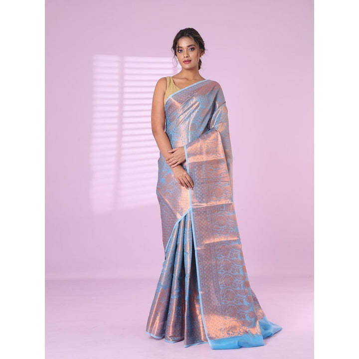 CHARUKRITI All Over Zari Weaving Baby Blue Brocade Silk Soft Saree with Unstitched Blouse