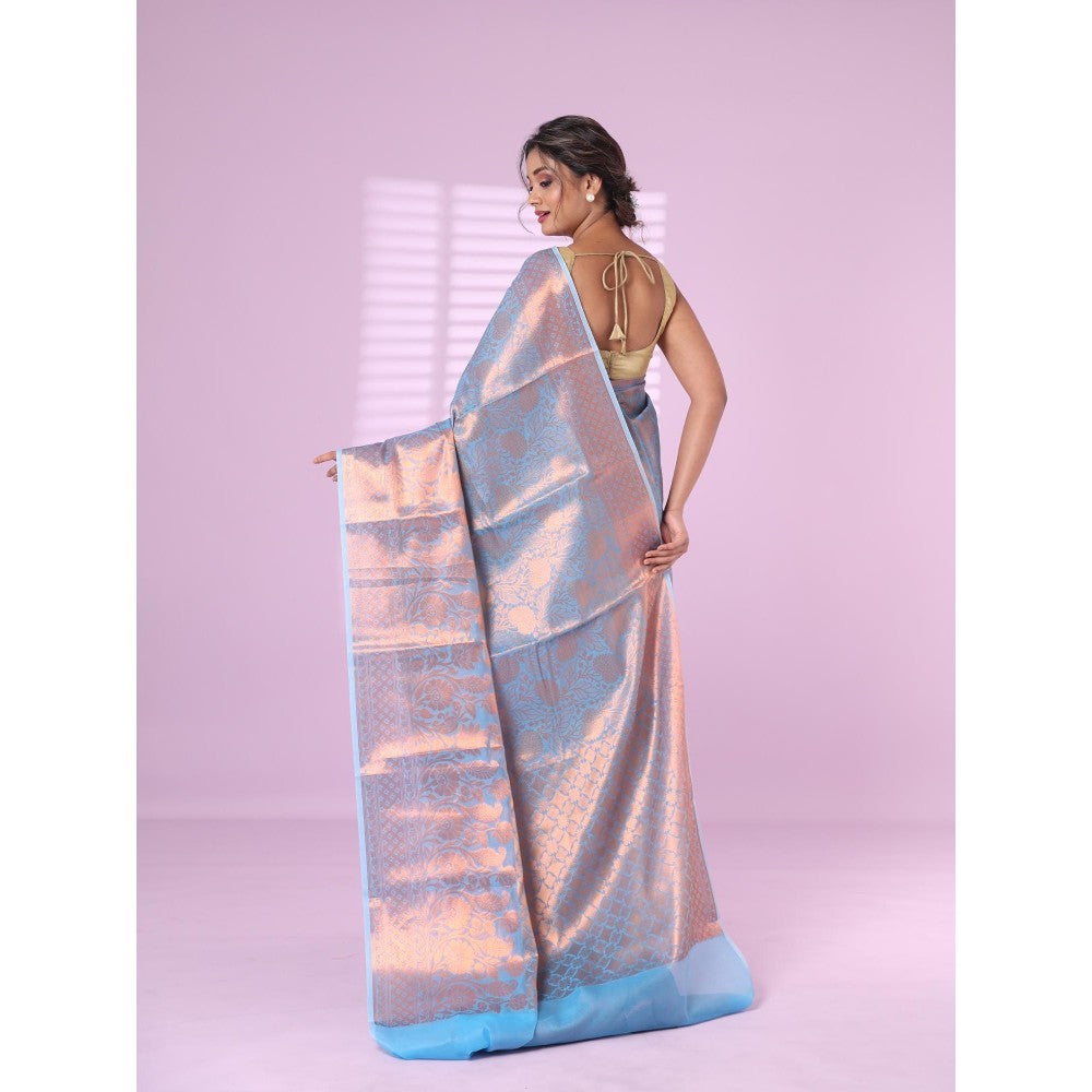 CHARUKRITI All Over Zari Weaving Baby Blue Brocade Silk Soft Saree with Unstitched Blouse