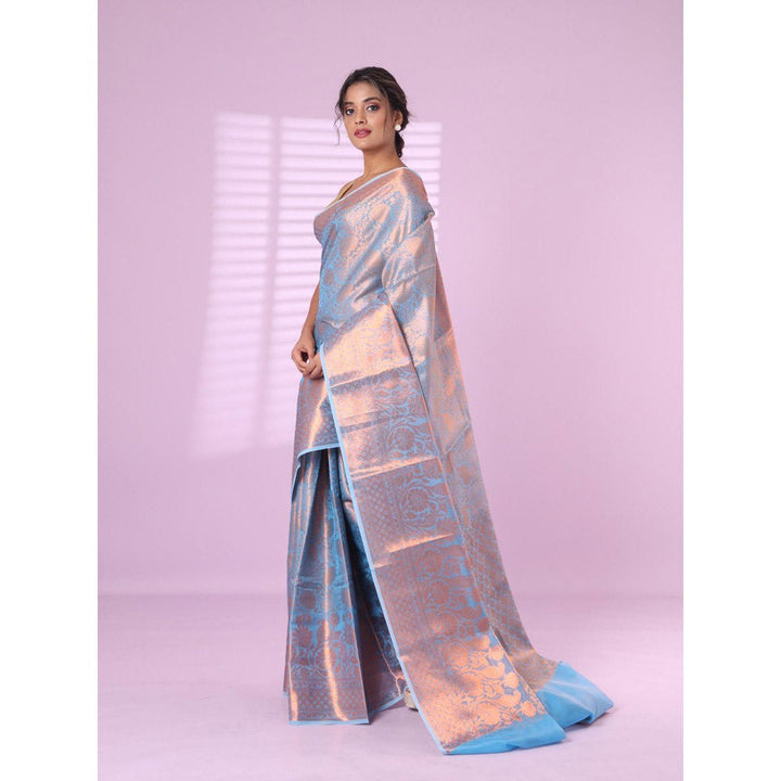 CHARUKRITI All Over Zari Weaving Baby Blue Brocade Silk Soft Saree with Unstitched Blouse