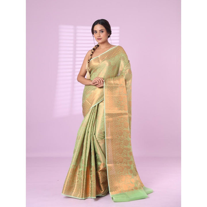 CHARUKRITI All Over Zari Weaving Light Green Brocade Silk Soft Saree with Unstitched Blouse