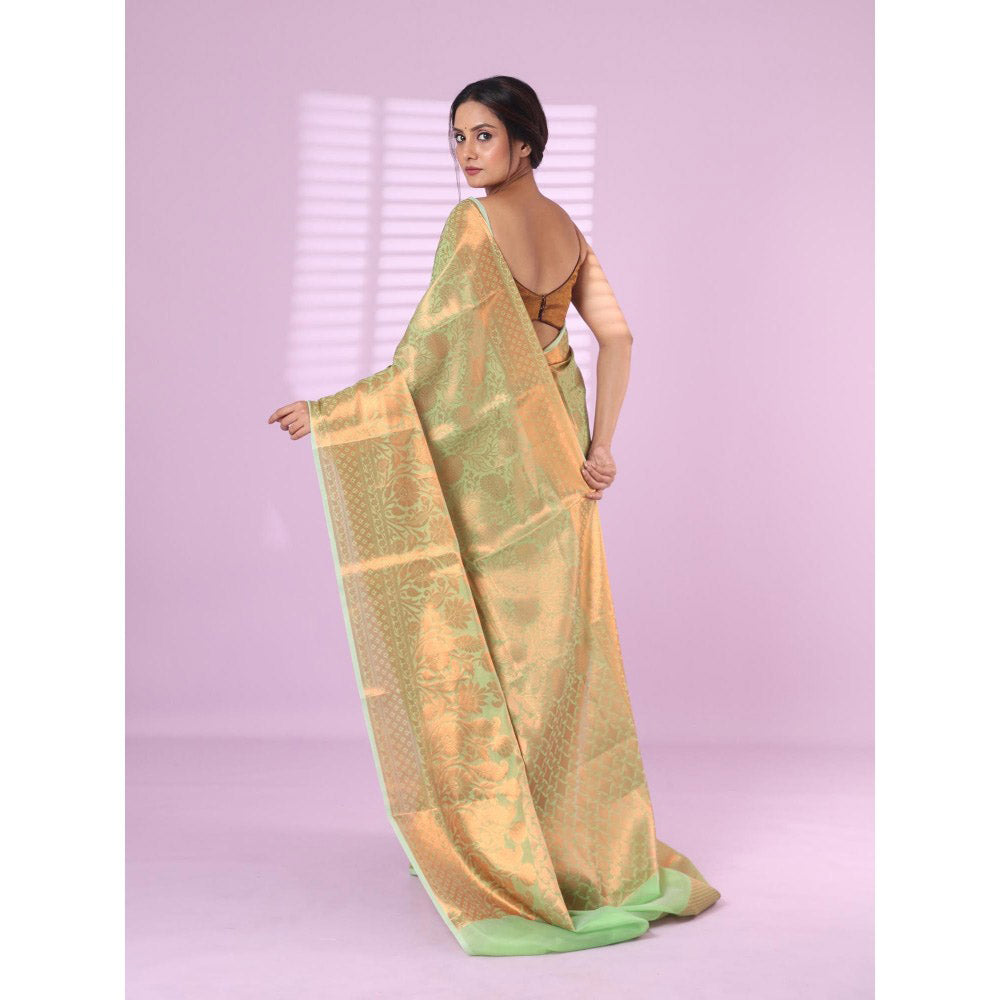 CHARUKRITI All Over Zari Weaving Light Green Brocade Silk Soft Saree with Unstitched Blouse