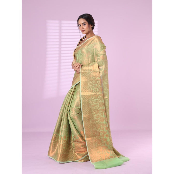 CHARUKRITI All Over Zari Weaving Light Green Brocade Silk Soft Saree with Unstitched Blouse