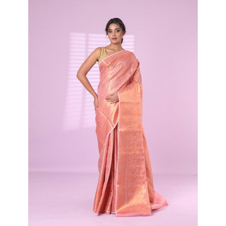 CHARUKRITI All Over Zari Weaving Pink Brocade Silk Soft Saree with Unstitched Blouse