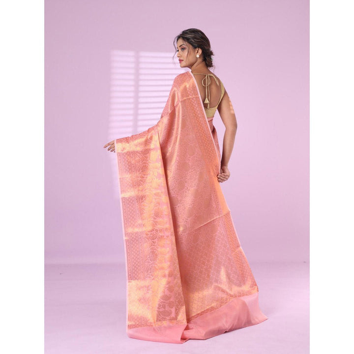 CHARUKRITI All Over Zari Weaving Pink Brocade Silk Soft Saree with Unstitched Blouse