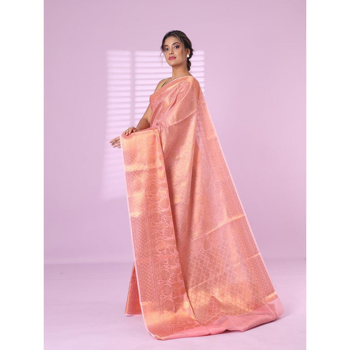 CHARUKRITI All Over Zari Weaving Pink Brocade Silk Soft Saree with Unstitched Blouse