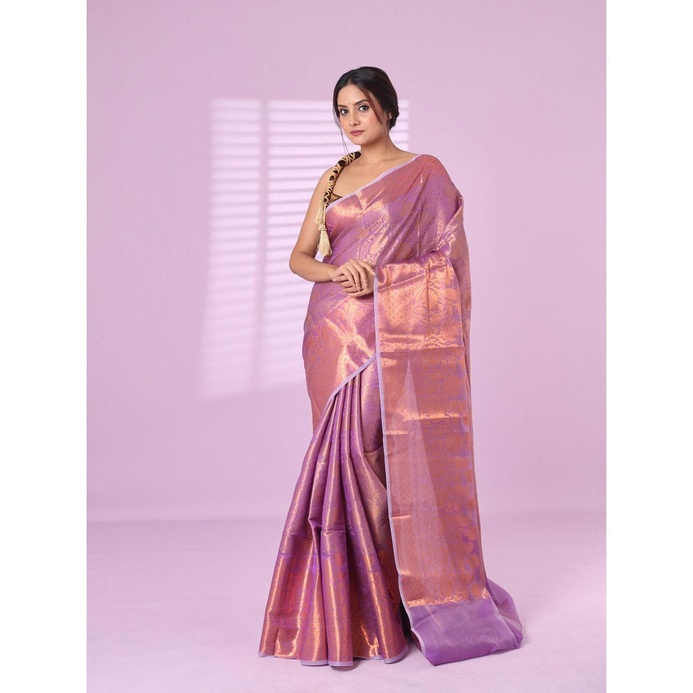 CHARUKRITI All Over Zari Weaving Violet Brocade Silk Soft Saree with Unstitched Blouse