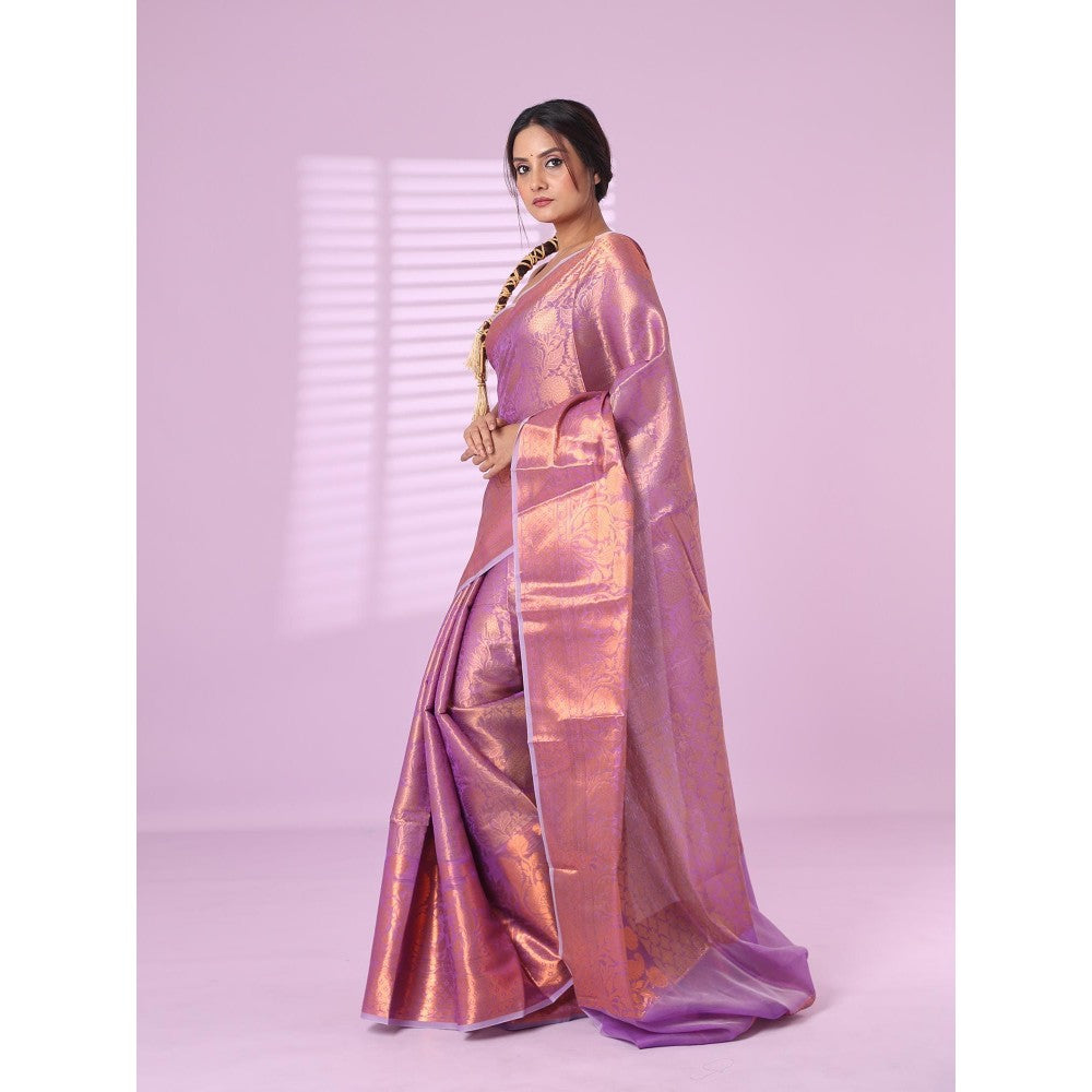 CHARUKRITI All Over Zari Weaving Violet Brocade Silk Soft Saree with Unstitched Blouse