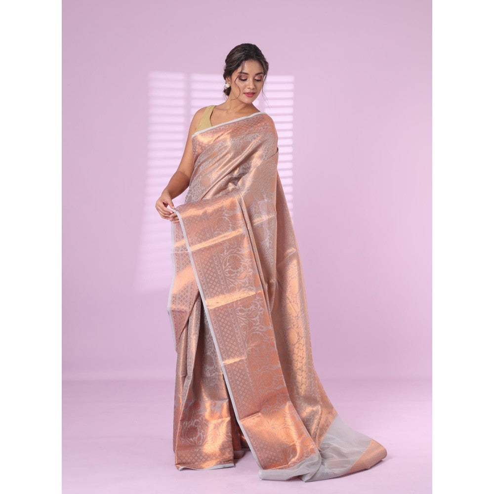 CHARUKRITI All Over Zari Weaving Grey Brocade Silk Soft Saree with Unstitched Blouse